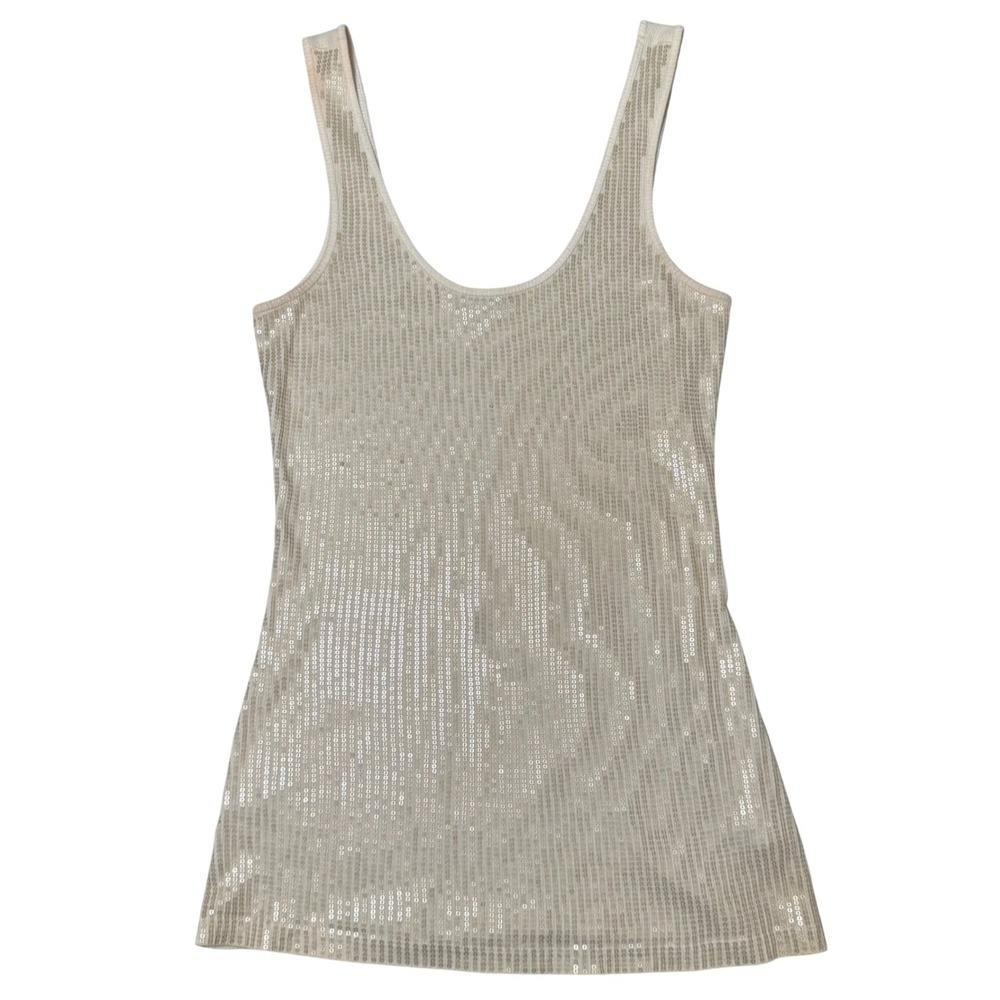 Express Y2K Ribbed Tank Top | Cream Scoop Neck Sequin Front | Size Small
